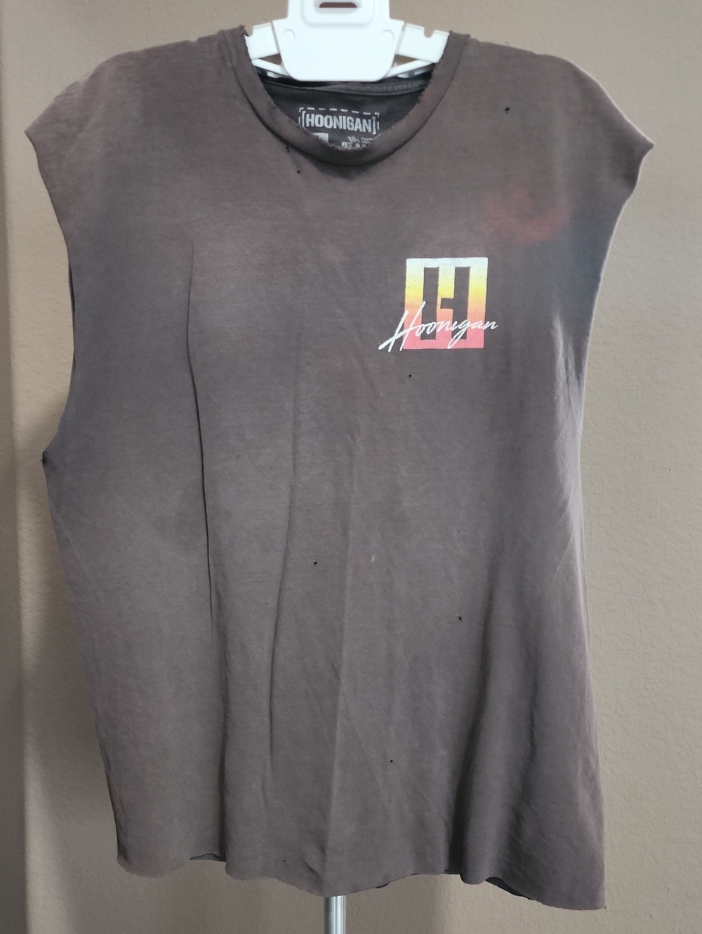 Men's Hoonigan Sleeveless Graphic Tee in Washed Brown with Sunset Logo